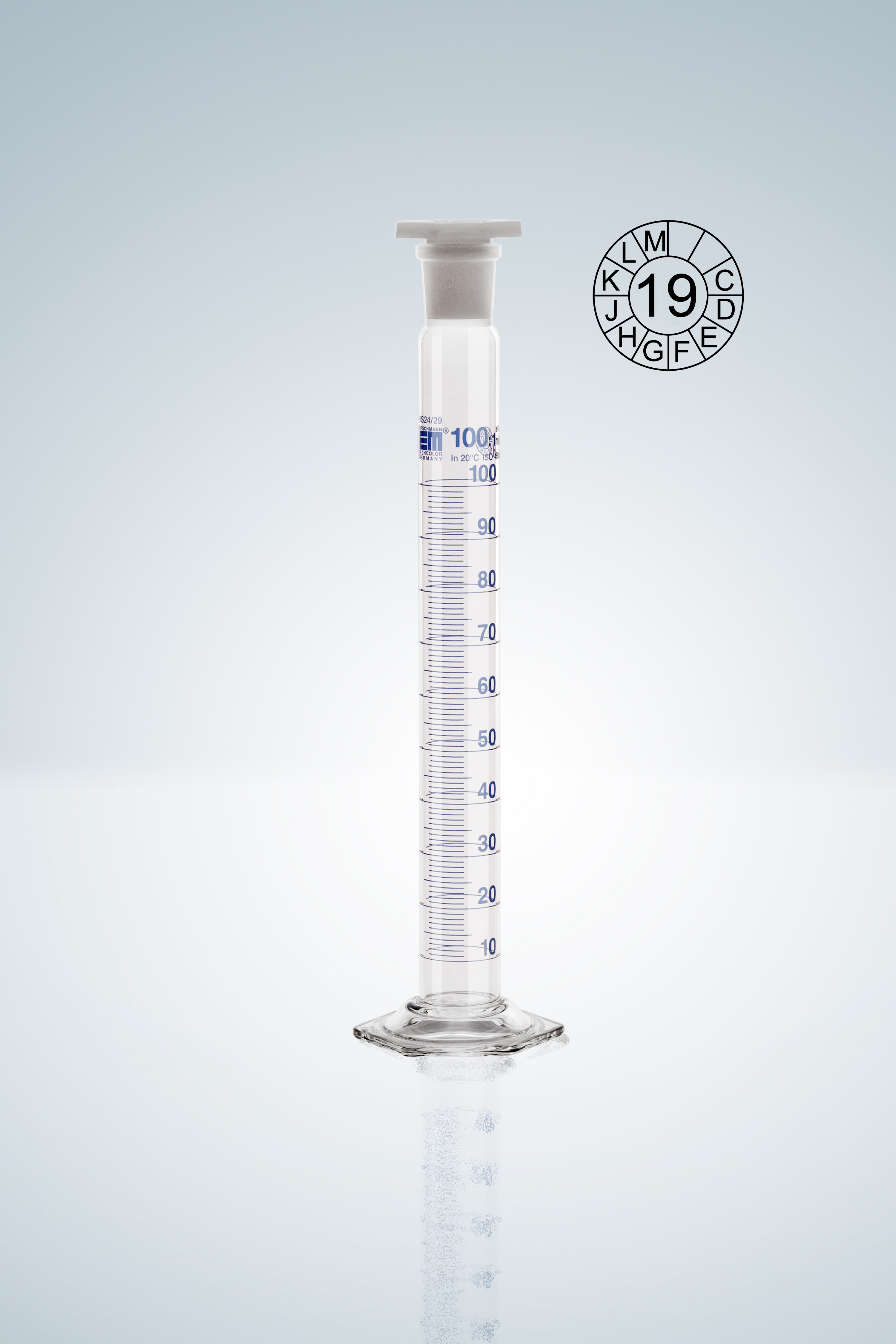 Probeta graduada DURAN® con tapón, Cl. A grad. en azul, 100:1 ml, NS 24/29