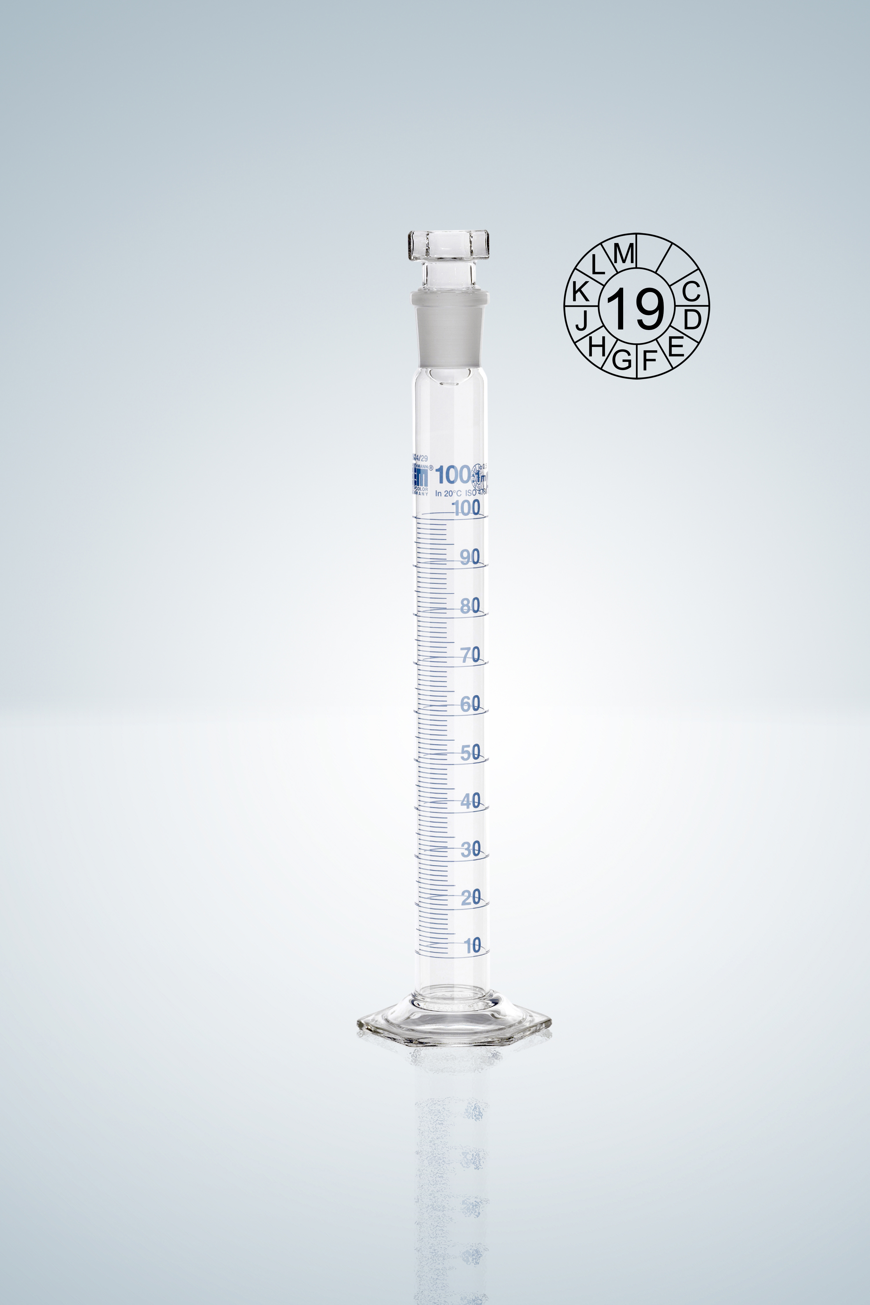 Probeta graduada DURAN® con tapón, Cl. A grad. en azul, 100:1 ml, NS 24/29