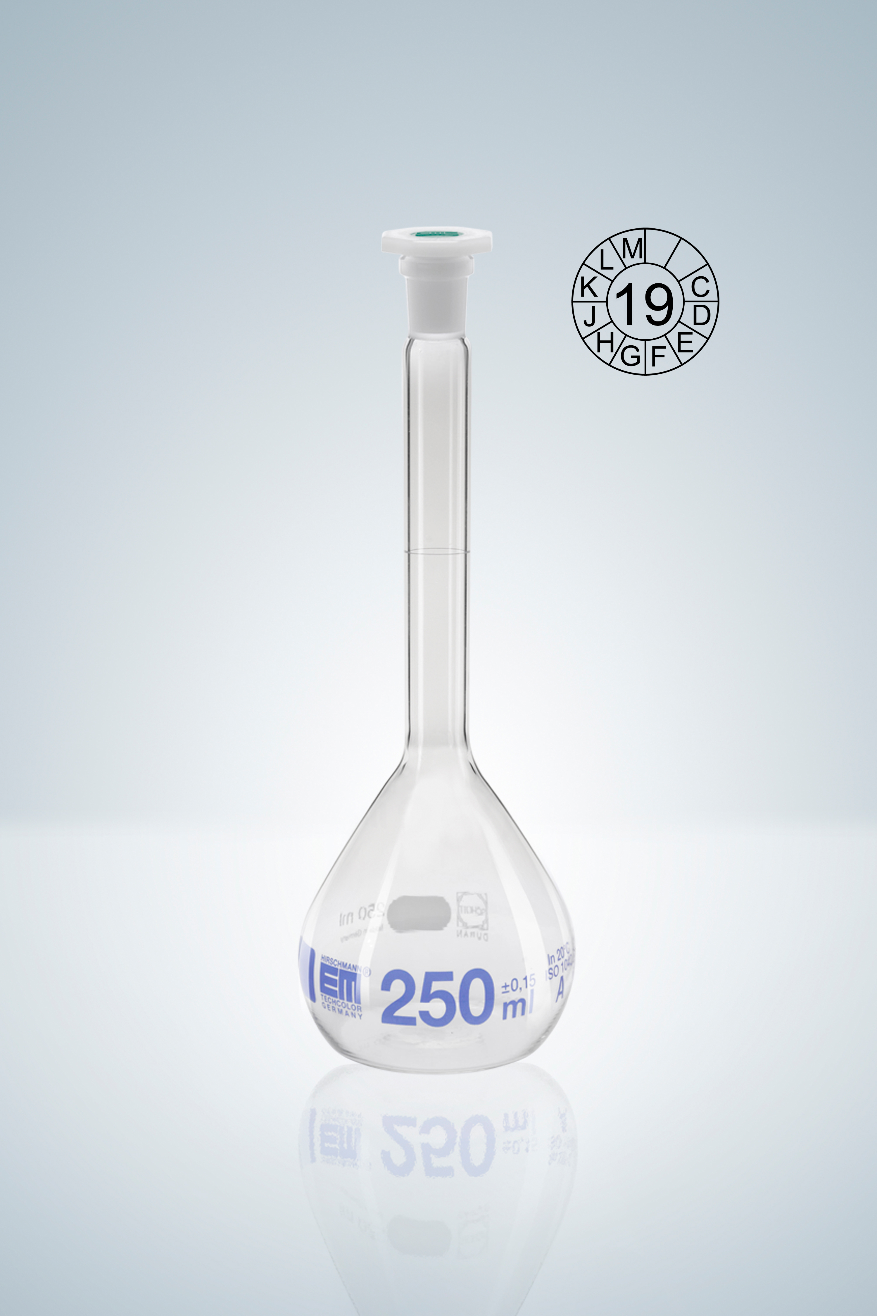 Matraz aforado DURAN®, A, grad. en azul 250:0,15 ml, NS 14/23, altura 220 mm